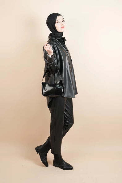 Bayan Deri Gömlek Tek Cepli Düğmeli Gömlek Siyah - 2