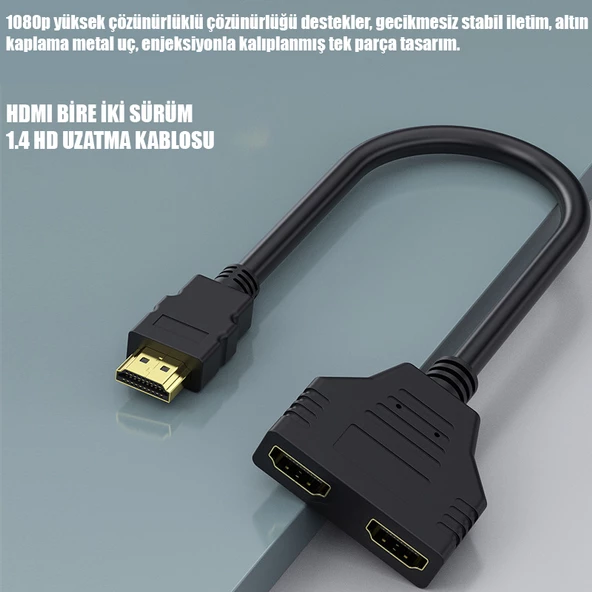 HDMI Çoğaltıcı Erkek Çift HDMI Dişi Çoklayıcı Adaptör Kablosu Siyah - 8