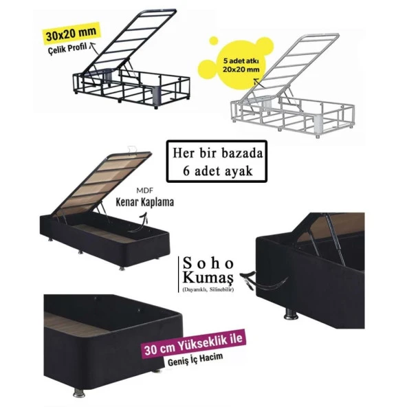 Niron Ela Baza -200x200 cm Çift Kişilik Sandıklı Siyah Kumaş Baza Silinebilir Soho Kumaş - Resim 3