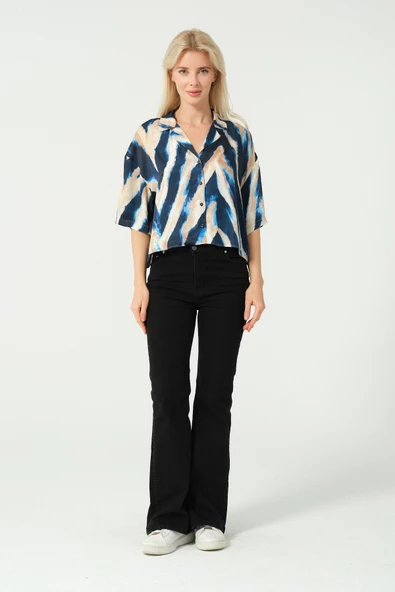 Saten V Yaka Crop Gömlek - 8