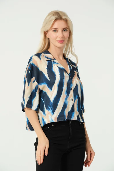 Saten V Yaka Crop Gömlek - 3