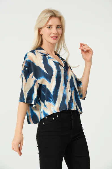 Saten V Yaka Crop Gömlek - 2