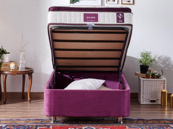 Niron Purple Baza ve Başlık Seti - 90x190 cm Tek Kişilik Sandıklı Mor Kumaş Baza ve Başlığı - 2