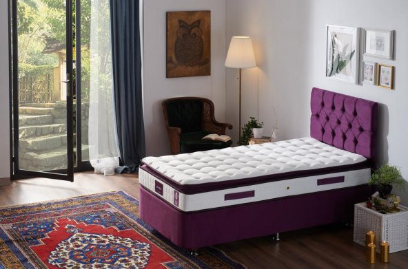 Niron Purple Baza ve Başlık Seti - 90x190 cm Tek Kişilik Sandıklı Mor Kumaş Baza ve Başlığı - 6