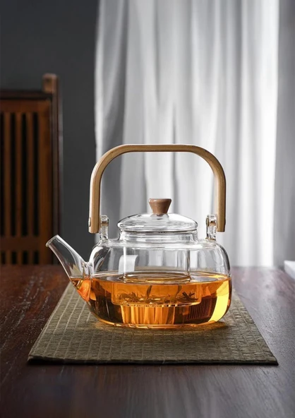 Borosilikat Cam Demlik - Bambu Kulplu Bitki Demliği - Isıya Dayanıklı 1.2 L