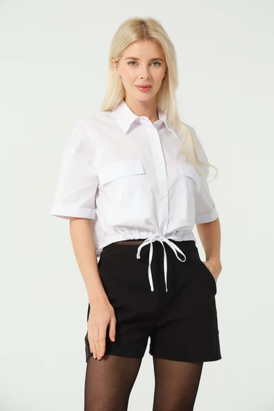 Bağcık Detay Crop Gömlek Beyaz - 4