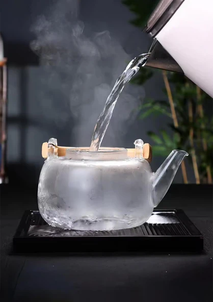 Borosilikat Cam Demlik - Bambu Kulplu Bitki Demliği - Isıya Dayanıklı 1.2 L - 3