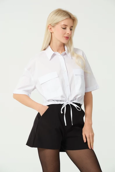 Bağcık Detay Crop Gömlek Beyaz - 2
