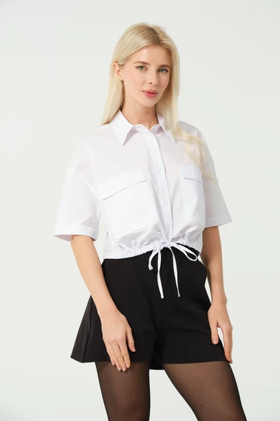 Bağcık Detay Crop Gömlek Beyaz - 3