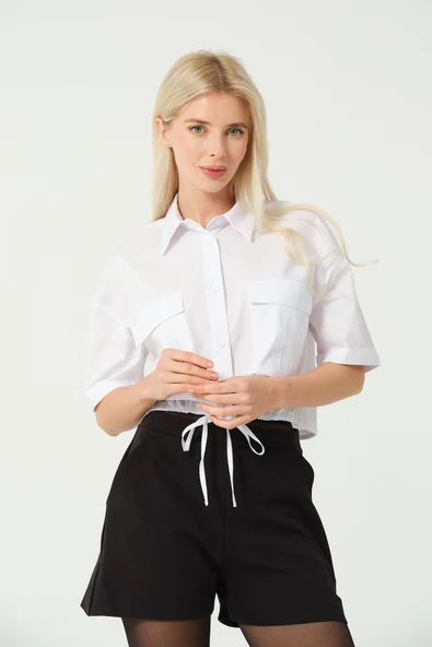 Bağcık Detay Crop Gömlek Beyaz - 5