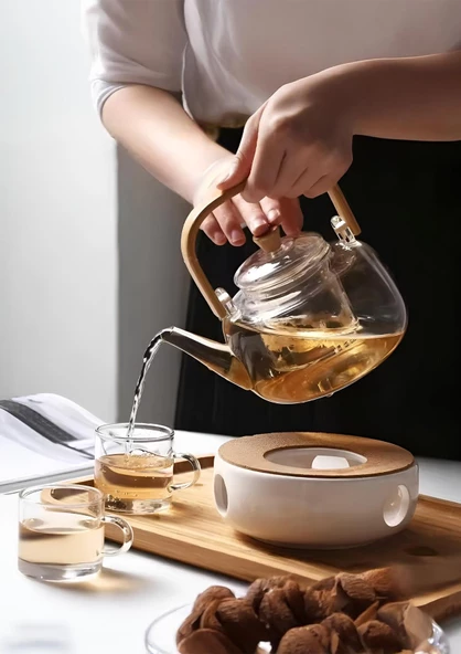 Borosilikat Cam Demlik - Bambu Kulplu Bitki Demliği - Isıya Dayanıklı 800 ML - 2