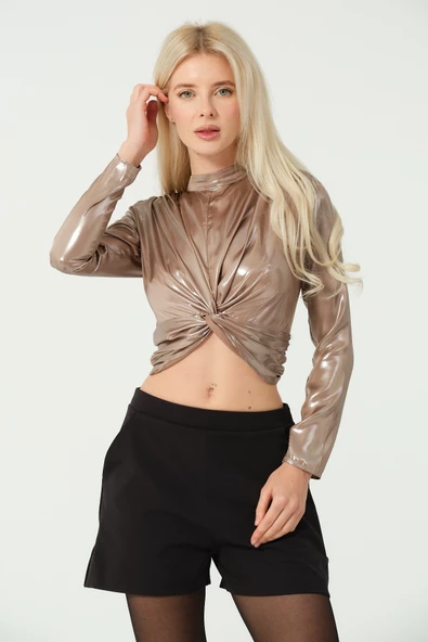 Asimetrik Crop Bluz Metalik - 2