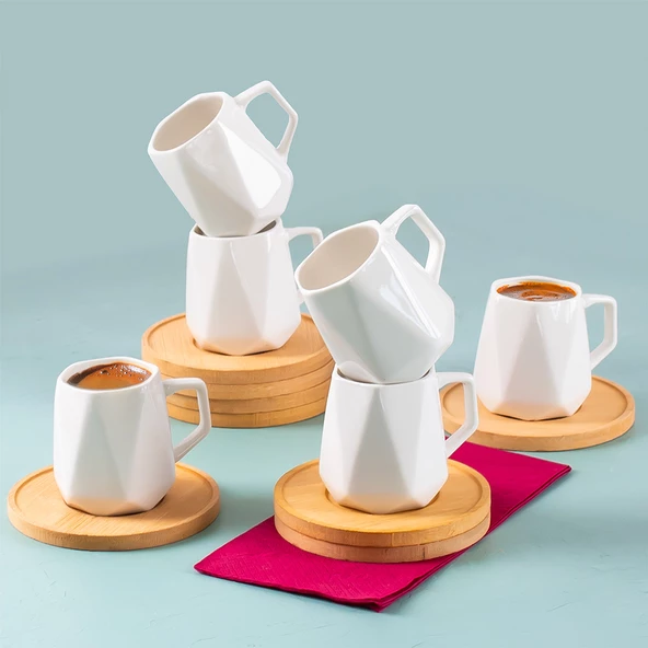 Porsima 10974 Carlo Bambu Tabaklı 12 Parça Porselen Türk Kahvesi Fincan Takımı - Resim 3