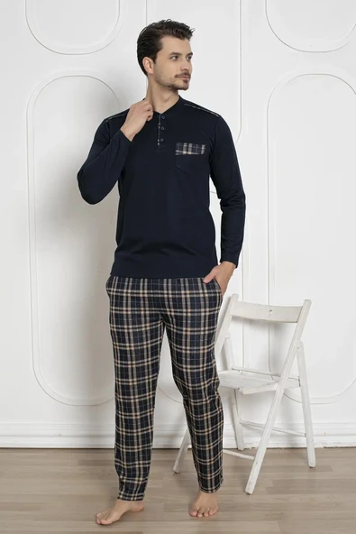 Alimer Erkek Ekose Desen Likralı Pamuk Uzun Kol Kışlık İnterlok Göğüs Cepli Pijama Takımı - 9