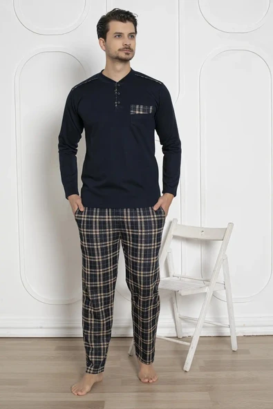 Alimer Erkek Ekose Desen Likralı Pamuk Uzun Kol Kışlık İnterlok Göğüs Cepli Pijama Takımı - 7