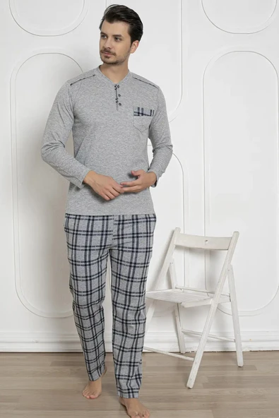 Alimer Erkek Ekose Desen Likralı Pamuk Uzun Kol Kışlık İnterlok Göğüs Cepli Pijama Takımı - 11