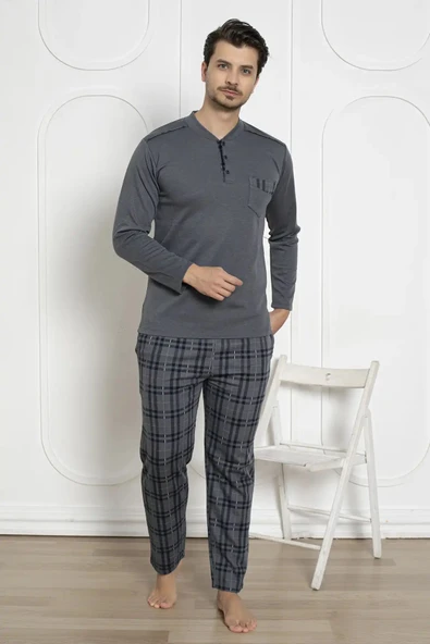 Alimer Erkek Ekose Desen Likralı Pamuk Uzun Kol Kışlık İnterlok Göğüs Cepli Pijama Takımı - 3