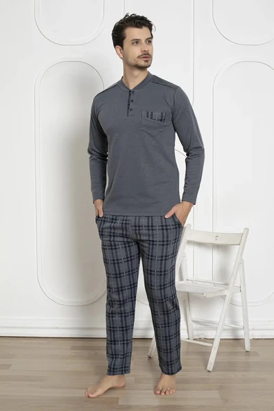 Alimer Erkek Ekose Desen Likralı Pamuk Uzun Kol Kışlık İnterlok Göğüs Cepli Pijama Takımı - 2