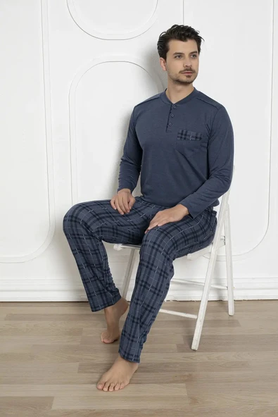 Alimer Erkek Ekose Desen Likralı Pamuk Uzun Kol Kışlık İnterlok Göğüs Cepli Pijama Takımı - 6