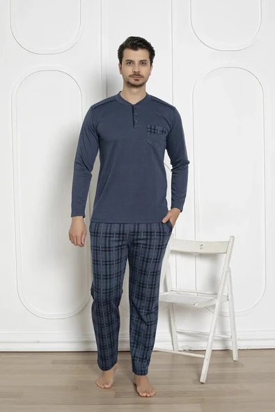 Alimer Erkek Ekose Desen Likralı Pamuk Uzun Kol Kışlık İnterlok Göğüs Cepli Pijama Takımı - 4
