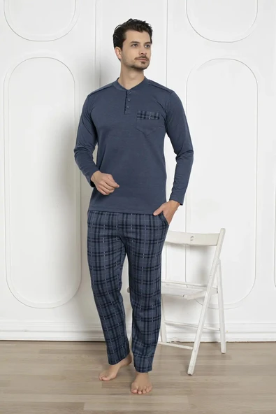 Alimer Erkek Ekose Desen Likralı Pamuk Uzun Kol Kışlık İnterlok Göğüs Cepli Pijama Takımı - 5