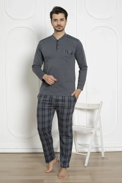 Alimer Erkek Ekose Desen Likralı Pamuk Uzun Kol Kışlık İnterlok Göğüs Cepli Pijama Takımı