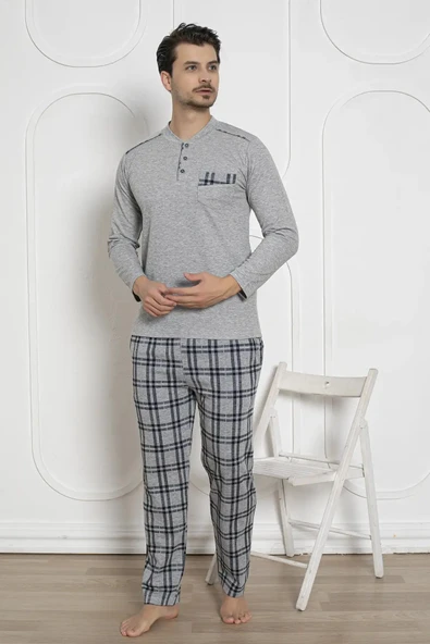 Alimer Erkek Ekose Desen Likralı Pamuk Uzun Kol Kışlık İnterlok Göğüs Cepli Pijama Takımı - 10