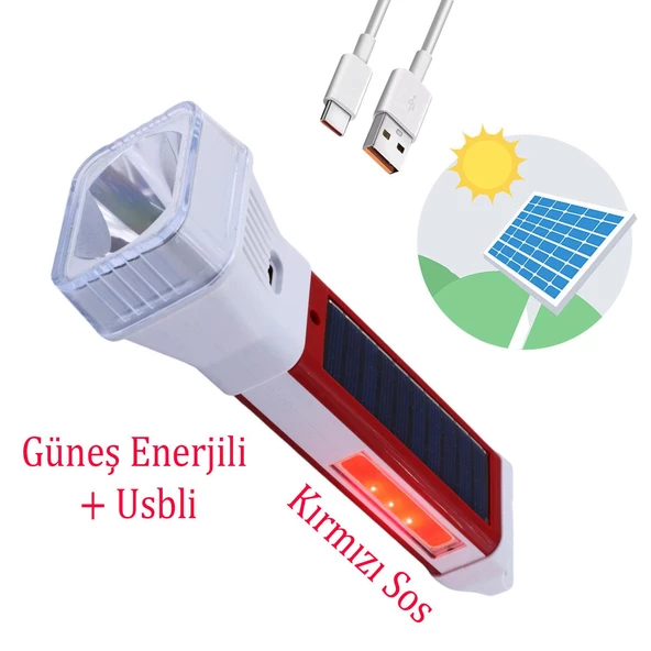 Güneş Enerjili Şarjlı Solar 5 Işık Modu Led El Feneri Usb Şarj Kamp Avcı Lambası Gece Lamba