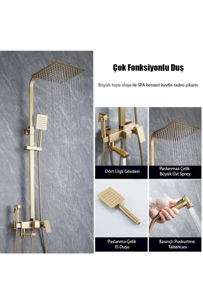 Gold Duş Seti Robot Yağmurlama Tepe Duş Seti  30x30cm Büyük Tepe Duş Başlığı 4'lü Banyo Seti - 3