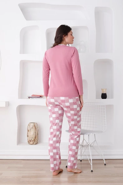 Ekoseli Kadın Pijama Takımı - 3 Düğmeli Uzun Kollu Likralı Penye Cepli Alt - 6