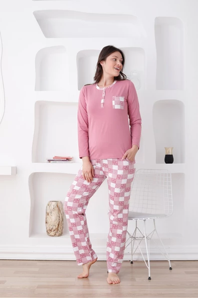 Ekoseli Kadın Pijama Takımı - 3 Düğmeli Uzun Kollu Likralı Penye Cepli Alt - 7