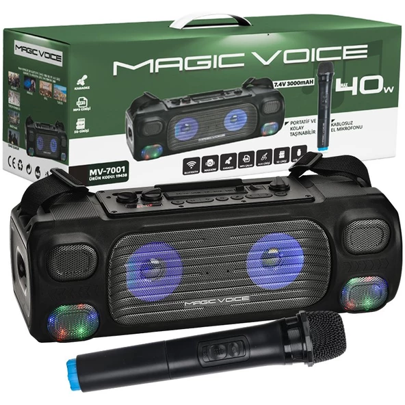 MAGICVOICE MV-7001 VHF EL MİK USB/SD/BT/UK 40 WATT IŞIKLI TAŞINABİLİR ŞARJLI  SEYYAR ANFİ (4825)