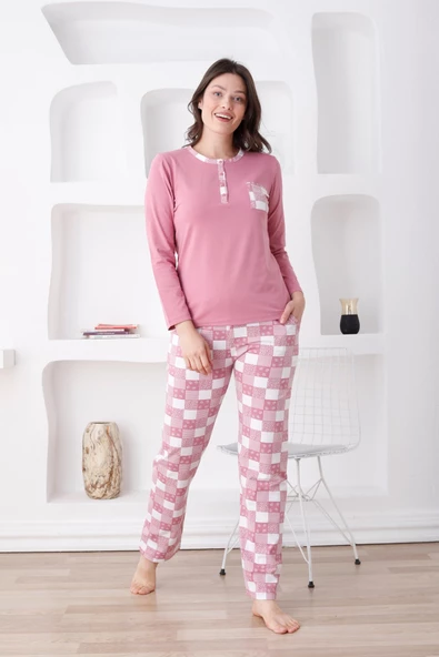 Ekoseli Kadın Pijama Takımı - 3 Düğmeli Uzun Kollu Likralı Penye Cepli Alt - 3