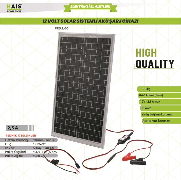 Hais 12 Volt Solar Güneş Sistemli Akü Şarj Cihazı Pro-2.0c HAIS.4841125 - 2
