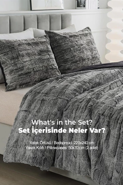 Talya Kürk Yorgan Çift Kişilik 3 Parça Set Peluş Yumuşak Dolgulu Kışlık Yatak Örtüsü Antrasit - 5