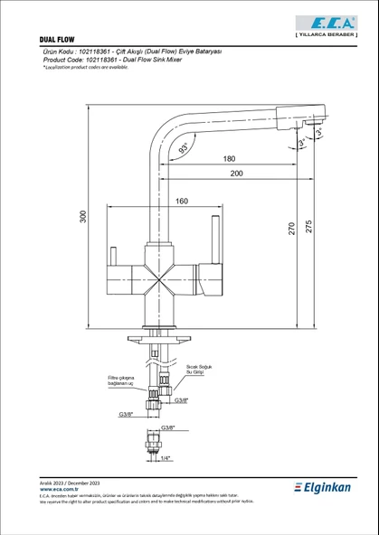 Eca Dual Flow Çift Akışlı Arıtmalı Mutfak Bataryası 102118361 - 2