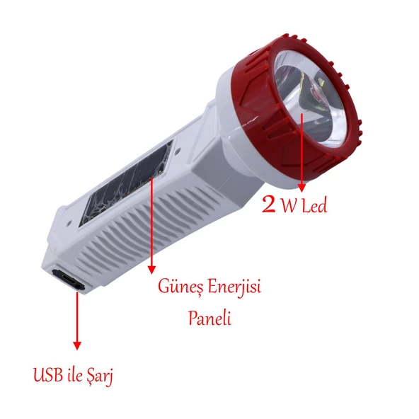 Güneş Enerjili Şarjlı Solar 2 Ledli El Feneri Usb Şarj Kamp Avcı Lambası Gece Lamba - 4