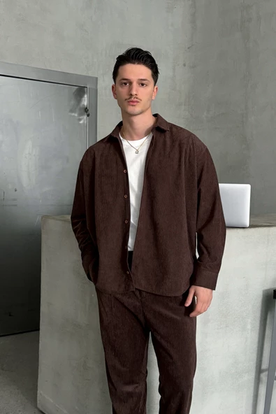 Erkek Oversize Kesim Kadife Gömlek - 9