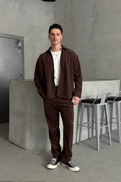 Erkek Oversize Kesim Kadife Gömlek - 10