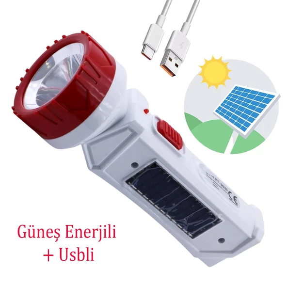 Güneş Enerjili Şarjlı Solar 2 Ledli El Feneri Usb Şarj Kamp Avcı Lambası Gece Lamba