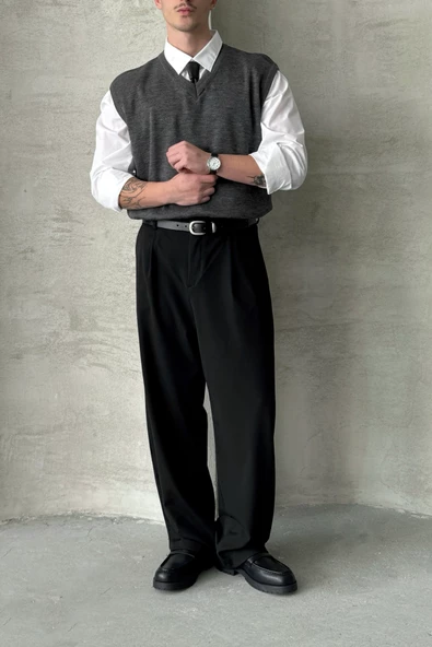 Erkek Pileli Ekstra Baggy Kalıp Kumaş Pantolon - 7