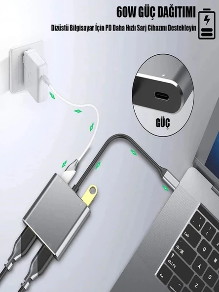PC Macbook Ekran Genişletici Çift HDMI VGA USB 3.0 4K 60Hz USB C Hub Ekran Çift Monitör Genişletici - 4