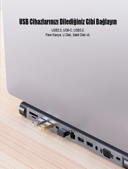 11in1 Çoklayıcı Type-C 3.1 To 4K Hdmi Vga Usb-C Ethernet USB Çoklayıcı SD Kart Okuyucu Çevirici Hub - 4