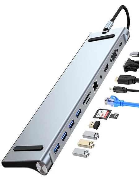 11in1 Çoklayıcı Type-C 3.1 To 4K Hdmi Vga Usb-C Ethernet USB Çoklayıcı SD Kart Okuyucu Çevirici Hub