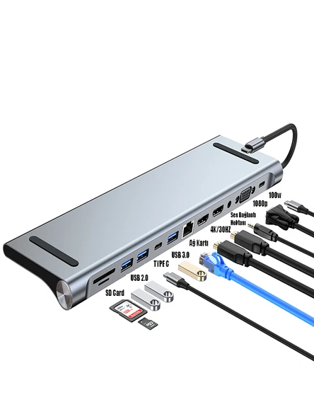 11in1 Çoklayıcı Type-C 3.1 To 4K Hdmi Vga Usb-C Ethernet USB Çoklayıcı SD Kart Okuyucu Çevirici Hub - 2