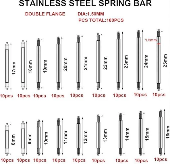 Zhltools Yaylı Çelik Saat Kordon Pimi 9 farklı ebatta 180 adet Kutulu Set - 6