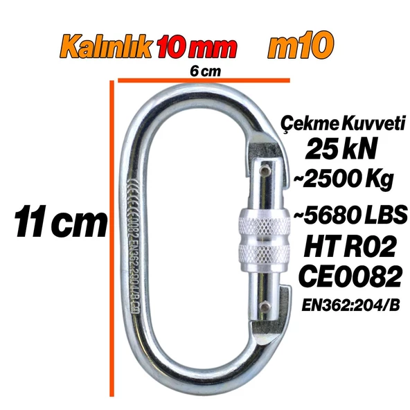 Oval Kilitli Karabina 10 mm Kanca Paslanmaz Çelik Kilit Tırmanma Kamp Ekipman Tırmanış İp Askı Kilid - 2