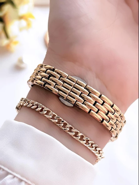 Ferro Küçük Kasa Vintage Model Çelik Kordon İyon Kaplama Kasa Kadın Kol Saati+Bileklik B.FRV256.A02 - Resim 3