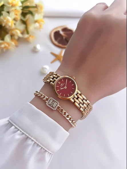 Ferro Küçük Kasa Vintage Model Çelik Kordon İyon Kaplama Kasa Kadın Kol Saati+Bileklik B.FRV256.A03 - Resim 2