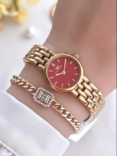 Ferro Küçük Kasa Vintage Model Çelik Kordon İyon Kaplama Kasa Kadın Kol Saati+Bileklik B.FRV256.A03 ürün görseli